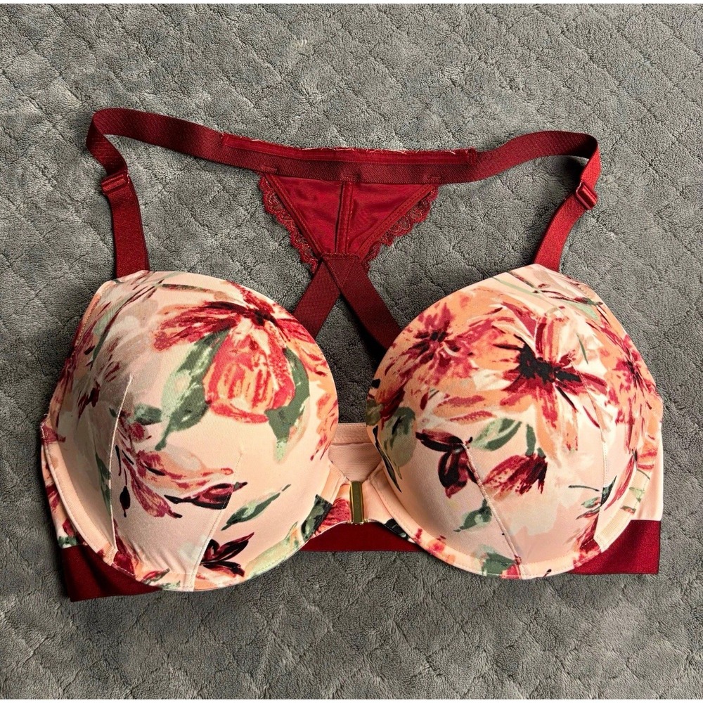 Cacique Lane Bryant Boost Plunge Bra 38DD Floral Pink Burgundy Front Closure